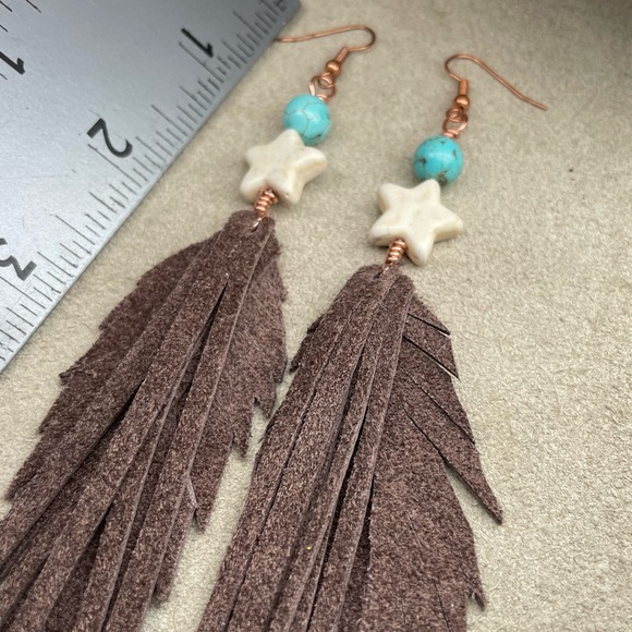 REDUCED Howlite Gemstone And Turquoise Genuine Brown Leather Fringe Earrings - Picture 15 of 15